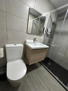 a bathroom with a toilet and a sink and a shower at Habitacion con jacuzzi y baño privado in Madrid