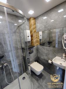 uma casa de banho com um chuveiro, um WC e um lavatório. em Szczawnica Residence "Nad Zdrojami" - In the Heart of Recreation 691-739-603 em Szczawnica