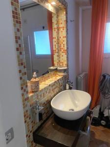a bathroom with a sink and a mirror at Agriturismo I Tassoni in Pavullo nel Frignano