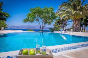a swimming pool with a table with fruit and drinks at Montana Villa in Stelida