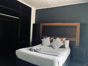 um quarto com uma cama com almofadas em Phalaborwa Apartments em Phalaborwa