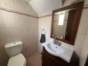 a bathroom with a toilet and a sink and a mirror at Coastal Elegance Maisonette in Limassol