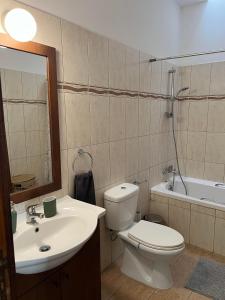 a bathroom with a toilet and a sink and a tub at Coastal Elegance Maisonette in Limassol