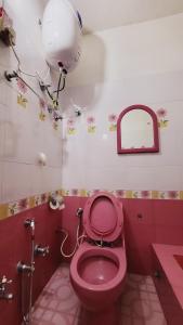 a bathroom with a pink toilet and a mirror at Ojas Home Bharatpur in Bharatpur