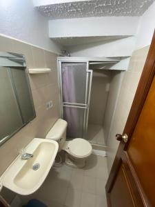 a small bathroom with a toilet and a sink at Hostal Villa Carmen in Villa de Leyva