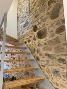 a stone staircase in a house with a stone wall at Gîte Le Chambougeal in Lagraulière