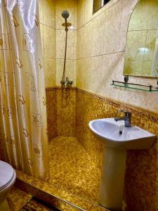 uma casa de banho com um lavatório e um chuveiro em Aisha Guest House em Samarkand