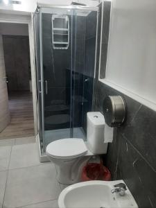 La salle de bains est pourvue de toilettes, d'une douche et d'un lavabo. dans l'établissement B&B Etnea Palace, à Catane