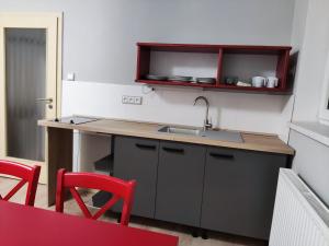 a small kitchen with a sink and red chairs at Motýlí chalupa - luxusní apartmány u Ještědu in Dlouhý Most