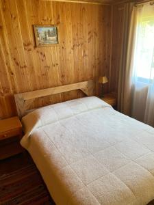 Un dormitorio con una cama con paredes de madera y una ventana en Cabaña Ojo del Volcán en Pucón