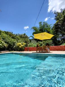 皮雷諾波利斯的住宿－Chácara Vale Dourado，两人坐在游泳池旁的伞下