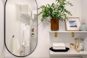 a mirror in a bathroom with a potted plant at Bright Designer Cottage in Historic Harlem in New York