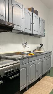 a kitchen with stainless steel appliances and white cabinets at Gelsi Apartment - Roma Metro C in Rome