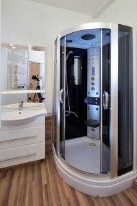 a bathroom with a shower with a sink and a mirror at Petul Apart Hotel Residenz in Essen