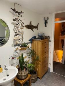 a bathroom with a sink and some plants on the wall at Double Room in Newhaven with own TV & Microwave -plus cereal and toast breakfast in Tarring Neville