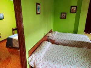 1 dormitorio con 2 camas y paredes verdes en Hotel Pedramea, en A Coruña