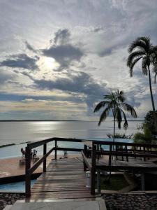 a wooden pier next to a beach with a palm tree at Tropical Executive Hotel in Manaus