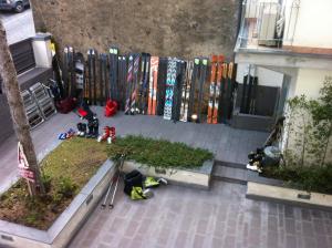 an overhead view of a bunch of skis in front of a fence at Etna GloB&B Hiking in Zafferana Etnea