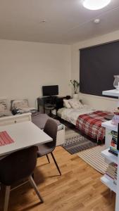 Habitación con cama, mesa y escritorio. en Studio apartment 10mins from Oslo Cent. station., en Oslo