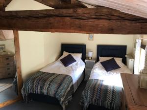 2 bedden in een kamer met houten plafonds bij Papillons B&B - beauty, comfort and peace 25 mins from Puy du Fou in Montournais