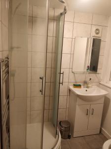 a bathroom with a shower and a sink at Whites Place in Slades Green