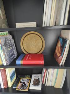 een boekenplank met boeken en een klok erop bij Casa con Jardín entre Toledo y Puy du Fou in Toledo