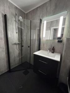 a bathroom with a shower and a sink and a mirror at Leilighet med strandbeliggenhet in Ramberg