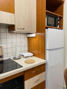 a kitchen with a white refrigerator and a microwave at ΚΑΛΛΙΣΤΟΝ apartment in Neochorópoulon