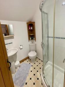 a bathroom with a toilet and a glass shower at Highfields Farm B&B in Stone