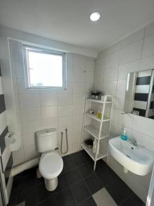 a white bathroom with a toilet and a sink at Compact Cozy Duplex Studio at Bayan Lepas in Bayan Lepas