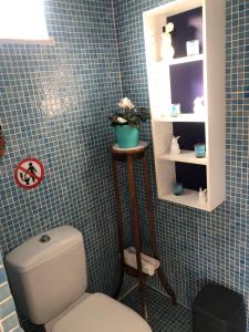 uma casa de banho com um WC branco e um espelho. em Terrace house em Sitia