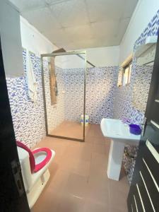 a bathroom with a shower and a toilet and a sink at Villadeluxe3 in Abomey-Calavi