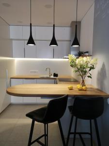 a kitchen with a wooden table and two chairs at Parko rezidencija apartments - SELF CHECK-IN in Panevėžys