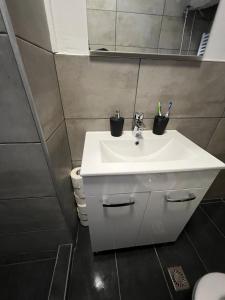 a bathroom with a white sink and a mirror at Stan na dan Apartman TRG in Derventa