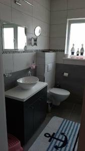 a bathroom with a sink and a toilet and a mirror at Ferienhaus Lilja mit Garten und Pool in Trzęsacz