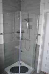 a shower with a glass door in a bathroom at Ferienhaus Lilja mit Garten und Pool in Trzęsacz