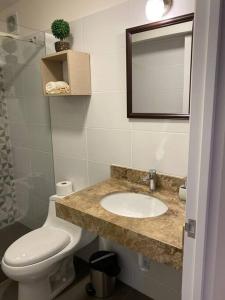 a bathroom with a sink and a toilet and a mirror at Apartamento en Barranco in Lima