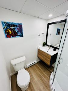a bathroom with a toilet and a sink and a mirror at L'APPÂT buvette et couchette de Sainte-Luce - Appartements de vacances modernes, calmes et ressourçant sur le fleuve in Sainte-Luce-sur-Mer