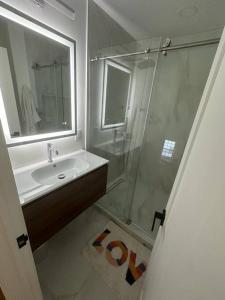 La salle de bains est pourvue d'un lavabo et d'une douche en verre. dans l'établissement Modern Luxury Retreat Spacious Serene Oasis, à Silver Spring