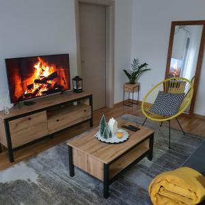 a living room with a fireplace and a tv at JR Lux apartman in Stara Pazova