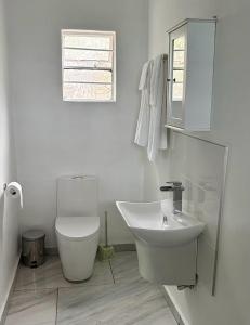 a white bathroom with a toilet and a sink at Ndau Lodge in Nkhata Bay