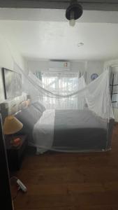 1 dormitorio con 1 cama con mosquitera en APTO casa BRANCA na NATUREZA, en Florianópolis