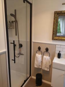 een badkamer met een douche, een wastafel en handdoeken bij Cascade Cottage in Bombay