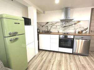a kitchen with a green refrigerator and a sink at Cocon proche Disneyland et Paris in Torcy