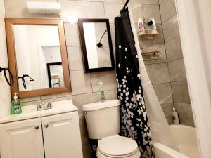 ein Badezimmer mit einem WC, einem Waschbecken und einem Spiegel in der Unterkunft Escape Pine Forest- Getaway Experience in Summerville