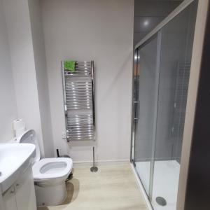 a white bathroom with a shower and a toilet at 1 Bed Apartment in Cardiff Bay -Dixie Buildings in Cardiff