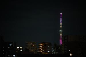 uma torre de televisão iluminada de púrpura à noite em Kiyosumi SOHO4B, 5th floor, 6th floor - Vacation STAY 20597v em Tóquio