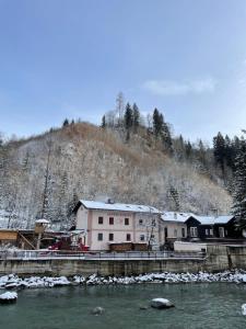 a building next to a river next to a mountain at Gasthaus Kitzloch in Taxenbach
