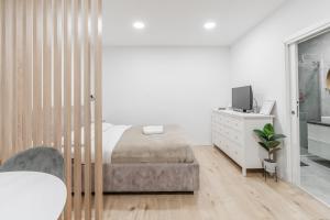 a bedroom with a bed and a tv and a chair at Classy & Cozy apartment in Ljubljana