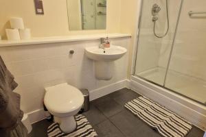 伯明罕的住宿－2 Bedroom Apartment Central Birmingham City Centre ( Parking )，浴室配有卫生间、盥洗盆和淋浴。
